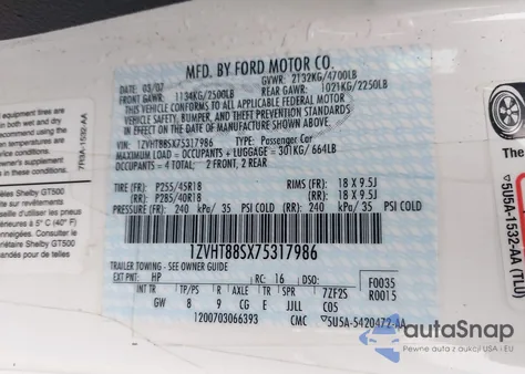 2007 Ford Shelby Gt500 из США, поврежденный, VIN 1ZVHT88SX75317986